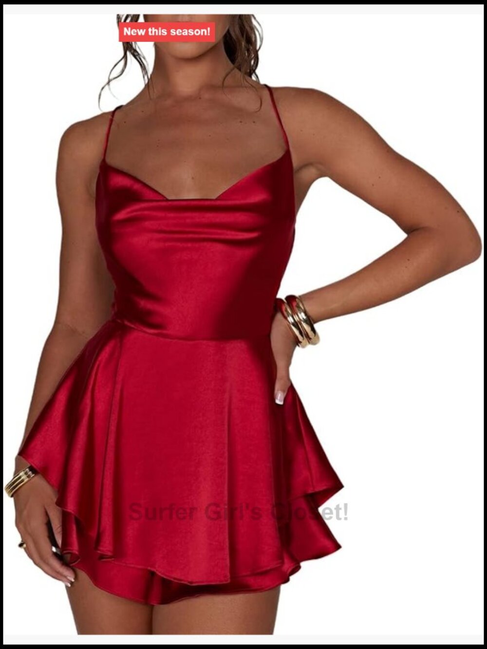 Women Sexy Satin Backless Romper Dress Cowl Neck Tie Ruffle Spaghetti Strap